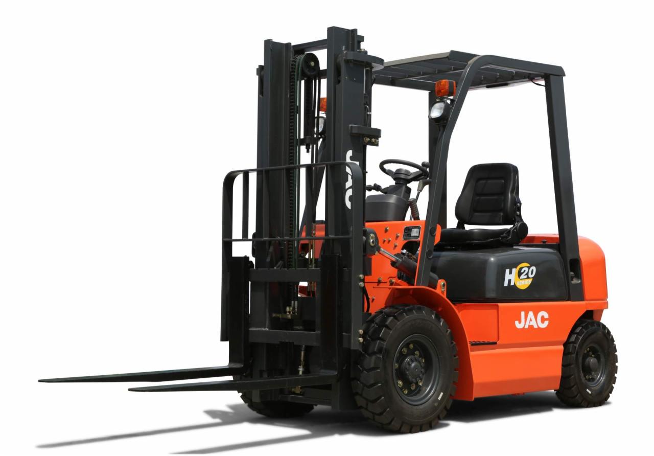 Pomarańczowy wózek widłowy JAC H20 z czarną konstrukcją, widok z boku na białym tle, z wyraźnie zaznaczonymi oponami i elementami hydraulicznymi.