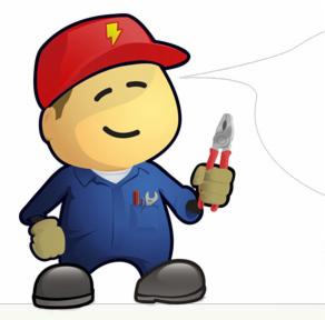 Karykatura: Elektryk w niebieskim kombinezonie, czerwonej czapce, trzyma kombinerki, obok dymek dialogowy. Symbol błyskawicy na czapce.