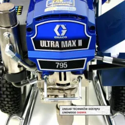 Profesjonalny agregat malarski Graco Ultra Max II 795 w kolorze niebieskim, widok z przodu, z widocznym zbiornikiem na płyn i tabliczką z nazwą modelu, na białym tle.