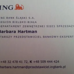 Wizytówka Barbary Hartman, starszego przedstawiciela bankowego-eksperta ING Banku Śląskiego S.A., region Bielsko-Biała. Kontakt telefoniczny i adres e-mail.