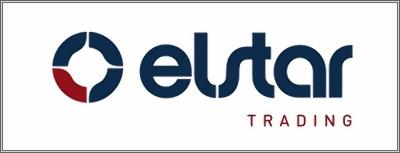 Logo Elstar Trading: niebieski okrąg z czerwoną ćwiartką, obok napis 'elstar' w kolorze granatowym, a pod spodem 'TRADING' w kolorze czerwonym.
