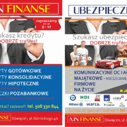 Plakat reklamowy AJN Finanse i Ubezpieczenia z ofertą kredytów gotówkowych, konsolidacyjnych, hipotecznych i pożyczek pozabankowych oraz ubezpieczeń.