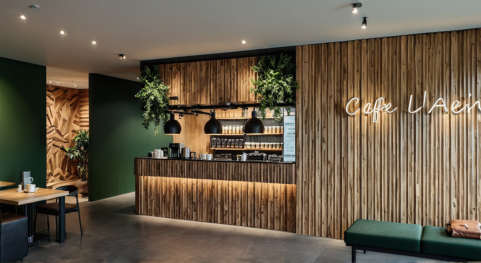 Nowoczesna aranżacja wnętrza kawiarni z drewnianą ladą, neonem 'Caffe L'Aen' i zielonymi akcentami. Widoczne lampy, rośliny i stoliki.