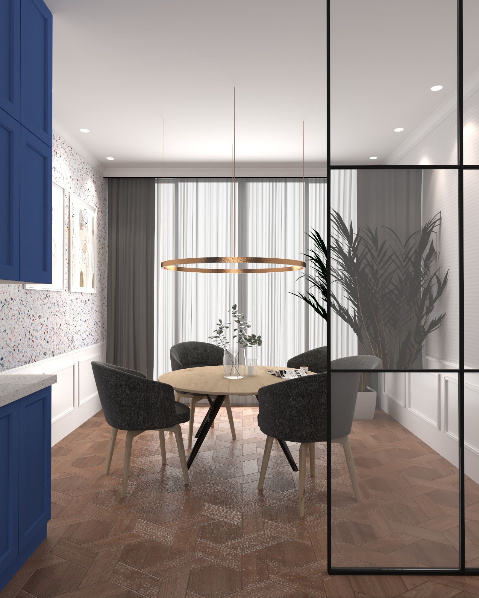 Nowoczesna jadalnia z okrągłym stołem, szarymi krzesłami i wiszącą lampą w kształcie okręgu. Parkiet w jodełkę, rośliny w tle i przeszklenia dodają elegancji.