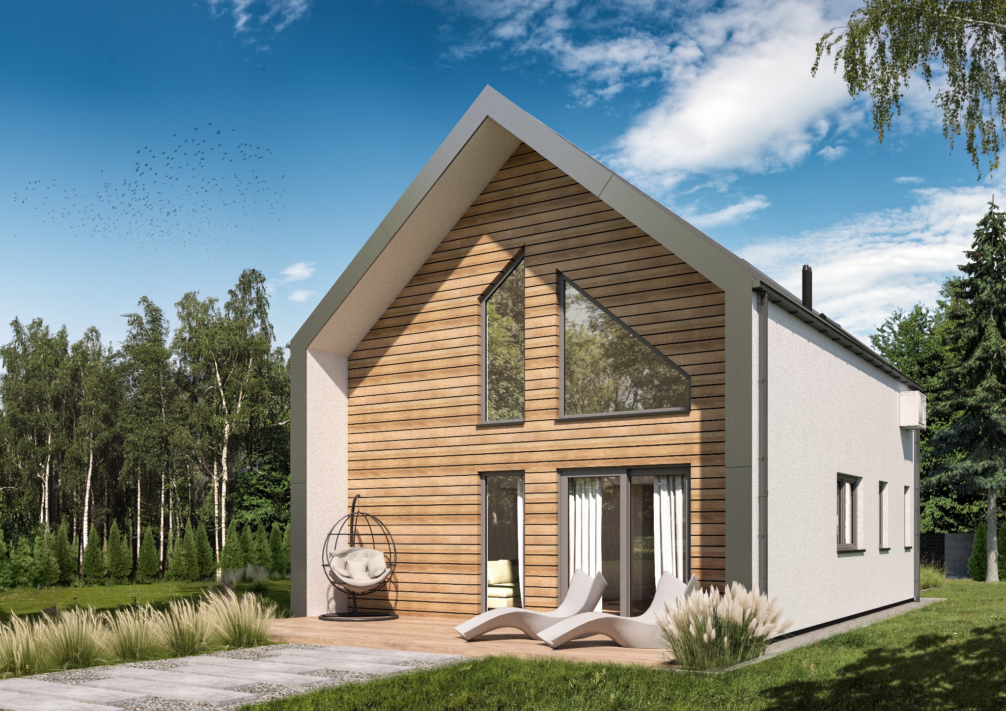 Nowoczesny dom jednorodzinny z drewnianą elewacją, dużymi oknami i tarasem z huśtawką. Stonowana kolorystyka, minimalistyczny design i otoczenie zieleni.