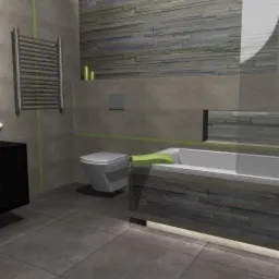 Wizualizacja nowoczesnej łazienki z kamienną okładziną ściany, podświetlaną wanną, umywalką nablatową i grzejnikiem drabinkowym.