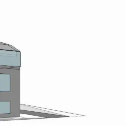Model 3D dwukondygnacyjnego budynku z płaskim dachem i przeszkloną nadbudówką, widoczny z boku pod kątem.