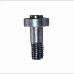 Metalowa śruba z gwintem na białym tle, widoczna z bliska. Detal tokarski z precyzyjnym gwintem i kołnierzem, ukazujący dokładność wykonania.