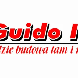 Czerwono-czarny logotyp 'Guido II' z hasłem 'gdzie budowa tam i my' na białym tle. Grafika promuje firmę budowlaną.