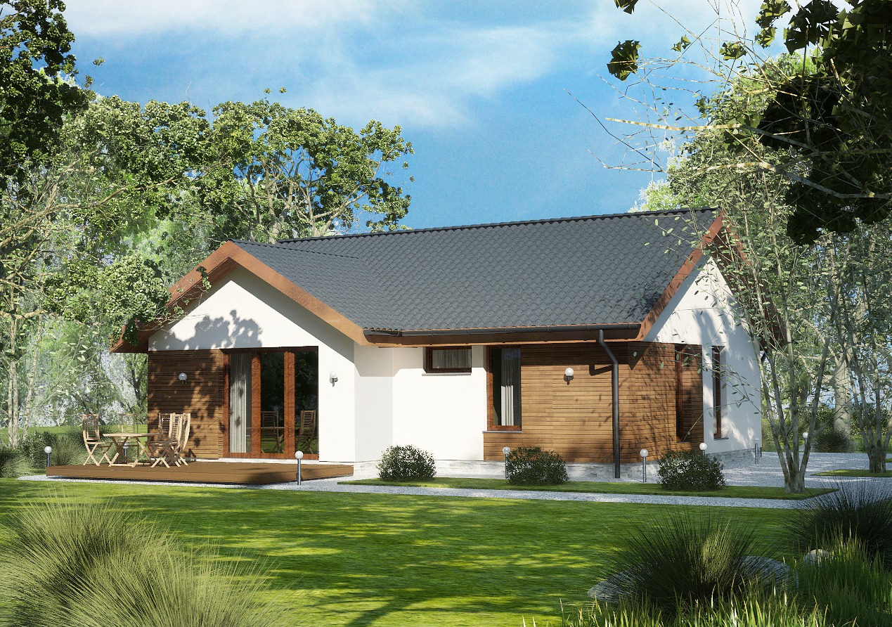 Wizualizacja parterowego domu jednorodzinnego z ciemnoszarą dachówką, drewnianą elewacją i tarasem z meblami ogrodowymi na tle zielonego trawnika i drzew.