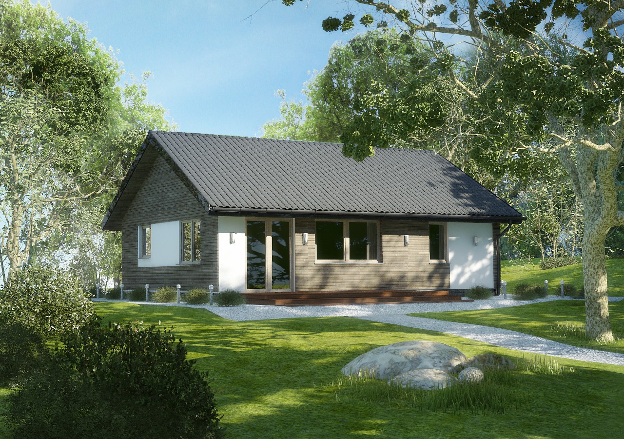 Nowoczesny parterowy dom z szarą dachówką, drewnianą elewacją i dużymi oknami, otoczony zielonym trawnikiem i drzewami.