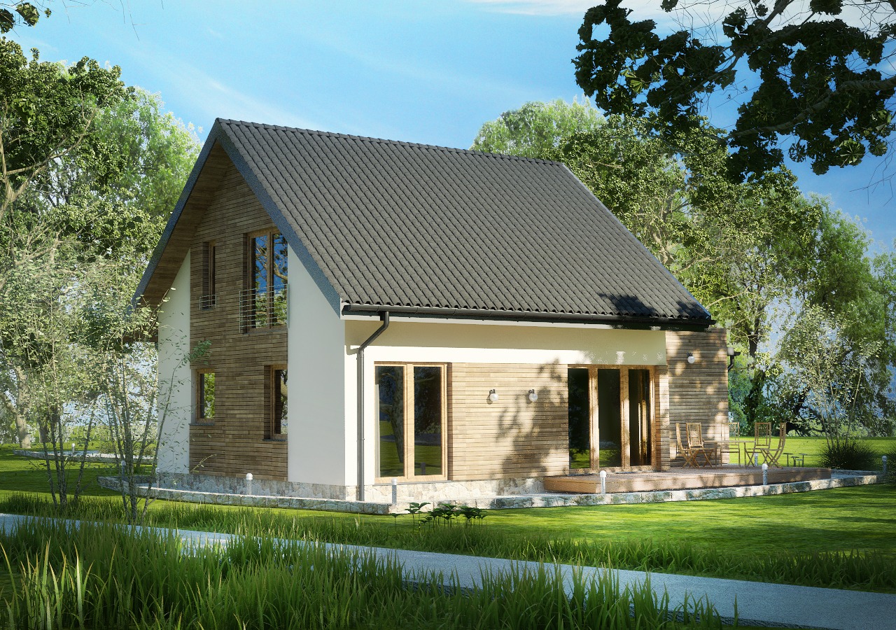 Wizualizacja domu jednorodzinnego z drewnianą elewacją, szarą dachówką i dużymi oknami, otoczonego zielenią i drzewami w słoneczny dzień.