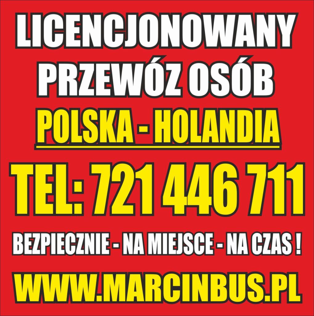 Czerwony baner informujący o licencji na przewóz osób Polska-Holandia. Żółty numer telefonu i adres strony internetowej na dole. Bezpieczny transport na czas.
