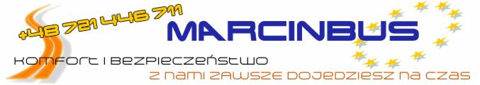 Grafika z nazwą firmy Marcinbus, hasłem 'Komfort i bezpieczeństwo' oraz numerem telefonu. W tle symbol drogi i gwiazdki układające się w okrąg.