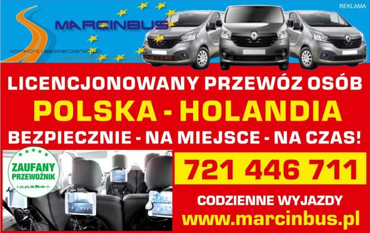 Licencjonowany przewóz osób Polska-Holandia. Flota busów Marcinbus z wnętrzem wyposażonym w tablety dla pasażerów, zapewniająca komfort i bezpieczeństwo podróży.