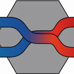 Grafika schematyczna rekuperatora: dwie krzyżujące się rury, niebieska i czerwona, symbolizujące wymianę ciepła wewnątrz szarego, heksagonalnego bloku.