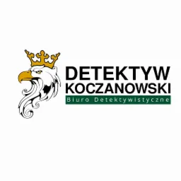 Logo biura detektywistycznego: orzeł w koronie, napis 'Detektyw Koczanowski, Biuro Detektywistyczne' na białym tle.