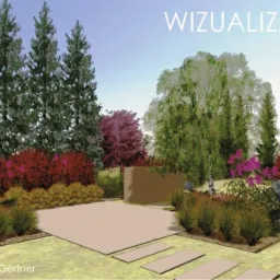 Wizualizacja ogrodu z geometrycznym układem ścieżek, rabat i drzew, z zaznaczoną przestrzenią patio i różnorodnością roślinności. Projekt autorstwa Agnieszki Gertner.