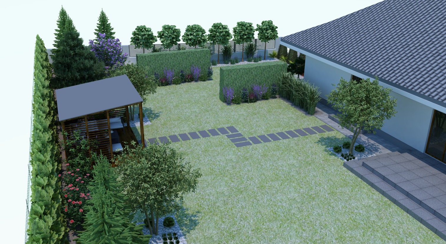 Wizualizacja ogrodu z altaną, żywopłotami, ścieżką z płyt i różnorodną roślinnością, widok z góry.