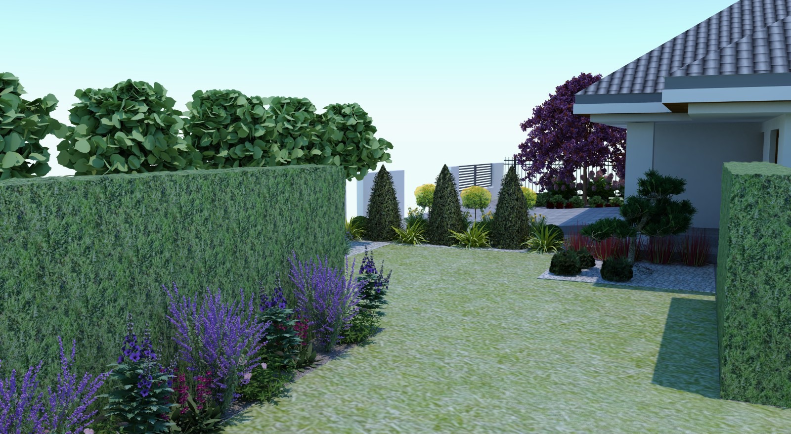 Wizualizacja ogrodu z żywopłotem, strzyżonymi drzewami iglastymi i rabatą z kwitnącymi bylinami, z domem w tle.