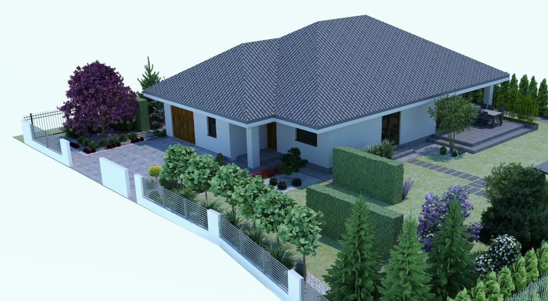Wizualizacja projektu domu jednorodzinnego z ogrodem, widok z góry, prezentująca zagospodarowanie terenu z podjazdem, trawnikiem, rabatami kwiatowymi i tarasem.