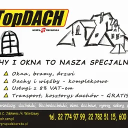 Grafika reklamowa firmy TopDACH: dachy i okna. Stylizowany rysunek dachu i okna. Informacje kontaktowe i zakres usług: okna, dachy, transport, kosztorys.