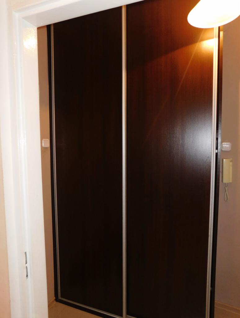 Ciemna szafa wnękowa z przesuwnymi drzwiami i srebrnymi obramowaniami, widoczna w korytarzu, oświetlona lampą sufitową. Minimalistyczny design.