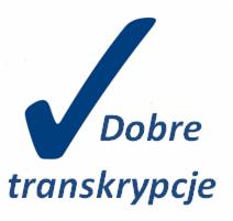 Niebieski symbol akceptacji nad napisem 'Dobre transkrypcje' w błękitnym odcieniu. Logo firmy oferującej usługi transkrypcji tekstu.