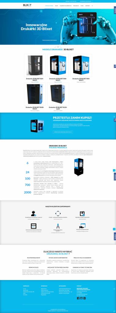 Strona internetowa prezentująca drukarki 3D Blixet, z widocznymi modelami i informacjami o produkcie.