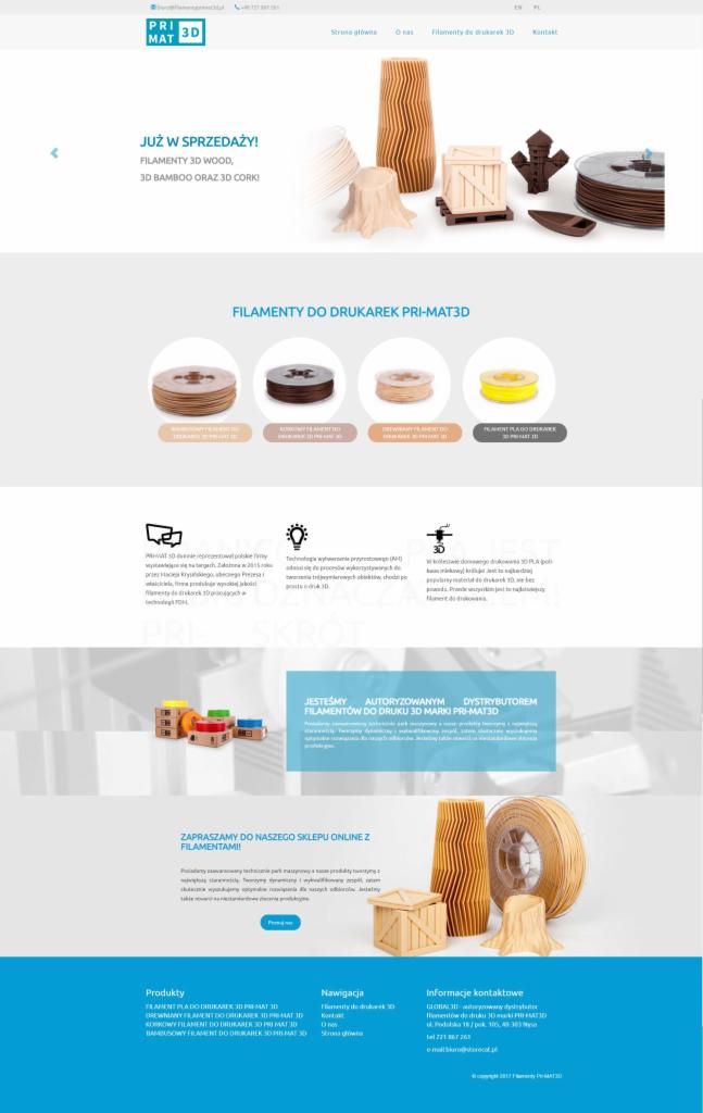 Layout strony internetowej producenta filamentów do drukarek 3D Pri-Mat3D, prezentujący kolekcję materiałów: drewno, bambus i korek. Na stronie widoczne szpule z filamentami oraz wydrukowane modele.