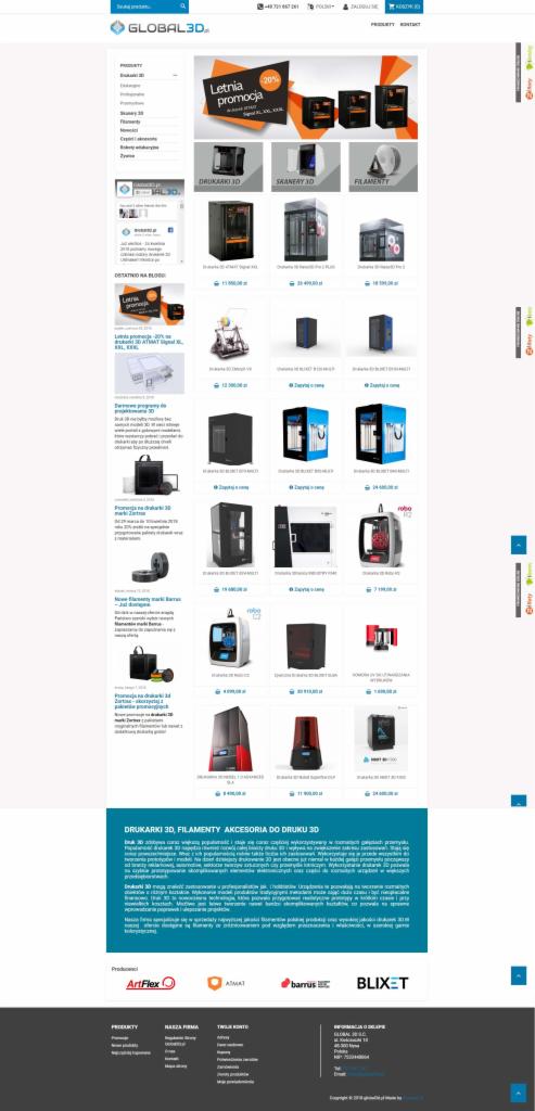 Strona internetowa sklepu z drukarkami 3D, skanerami 3D i filamentami, z widoczną promocją i ofertą różnych modeli.