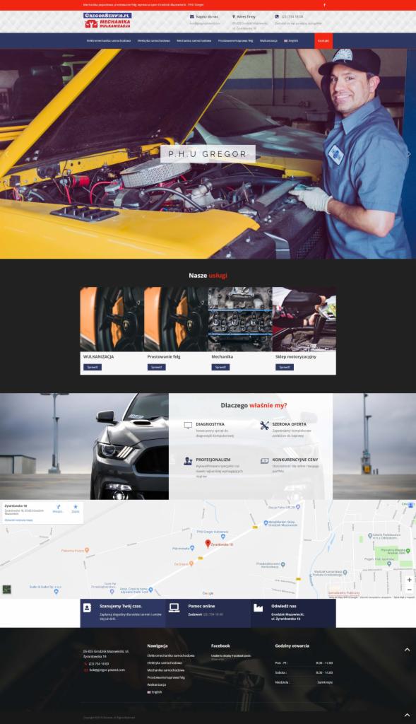 Widok strony internetowej warsztatu samochodowego z mechanikiem w tle, prezentującej usługi wulkanizacji, prostowania felg i mechaniki, z mapą dojazdu i danymi kontaktowymi.