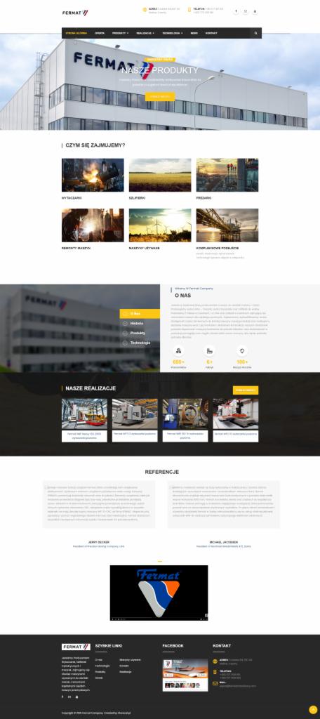 Zrzut ekranu strony internetowej firmy Fermat, prezentujący budynek firmy, sekcję 'Czym się zajmujemy?' z miniaturami zdjęć, zakładkę 'Nasze Realizacje' i logo w stopce.