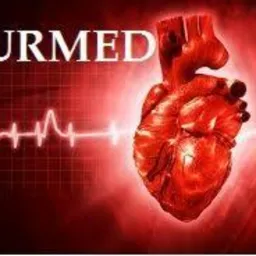 Czerwone serce z grafiką EKG na tle siatki i napisem SURMED. Model serca z widocznymi naczyniami krwionośnymi.