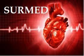 Czerwone serce z grafiką EKG na tle siatki i napisem SURMED. Model serca z widocznymi naczyniami krwionośnymi.