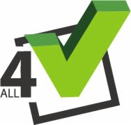 Logo firmy z zielonym symbolem akceptacji nad czarną ramką, napis '4 ALL' w dolnej części. Dominacja zieleni i czerni, prosta typografia, nowoczesny design.
