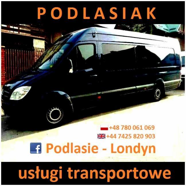 Czarny bus marki Mercedes-Benz Sprinter z nazwą firmy „PODLASIAK” i danymi kontaktowymi, świadczący usługi transportowe na trasie Podlasie-Londyn.