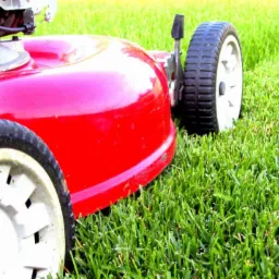 Czerwona kosiarka rotacyjna z białymi kołami podczas pracy, widoczne świeżo skoszone pasy trawy w intensywnym świetle słonecznym.