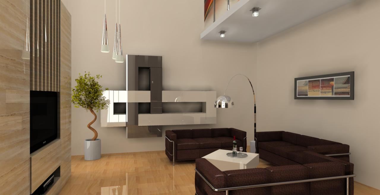 Nowoczesny salon z szafą w zabudowie, brązowe sofy i parkiet. Geometryczna kompozycja szafek na ścianie. Minimalistyczne lampy wiszące i dekoracje.