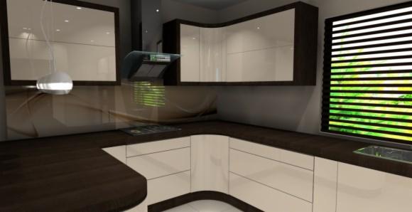 Nowoczesna kuchnia z białymi szafkami i ciemnobrązowym blatem, oświetlona wiszącą lampą. Widoczne okno z żaluzjami i fragment płyty grzewczej.