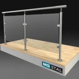 Wizualizacja barierki ze szkła i stali nierdzewnej z logo firmy MG Stal na podstawie, prezentowana na szarym tle.