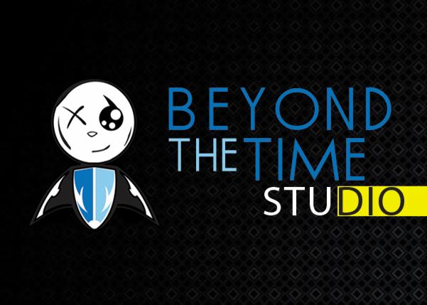 Logo 'Beyond The Time Studio' z maskotką: animowana postać z jednym okiem w kształcie X, w czarno-biało-niebieskiej kolorystyce na tle z drobnymi rombami.