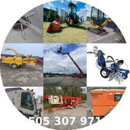 Roboty Drogowe- Krystian Przeździęk - Mozaika zdjęć sprzętu budowlanego: koparka, traktor, podnośnik koszowy, frezarka do pni, zamiatarka, maszyna do malowania pasów, z numerem telefonu na dole.