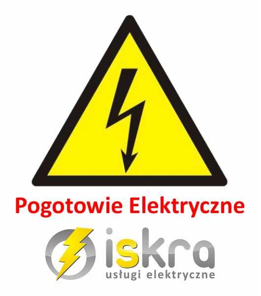 Żółty trójkąt ostrzegawczy z symbolem błyskawicy, napis 'Pogotowie Elektryczne' i logo firmy 'Iskra usługi elektryczne' na białym tle.