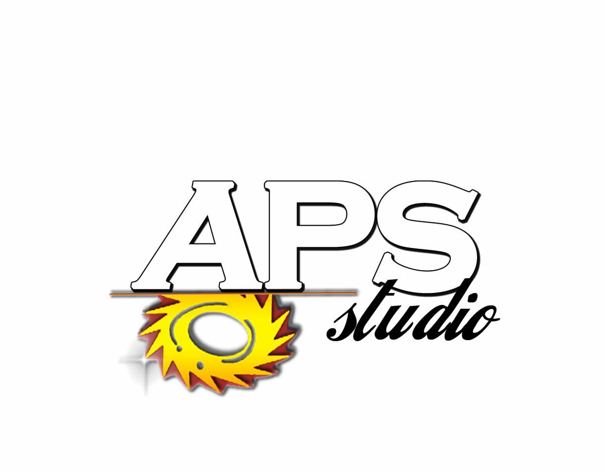 Logo firmy APS Studio z motywem piły tarczowej, czcionka bezszeryfowa w nazwie APS i kursywa w słowie Studio.