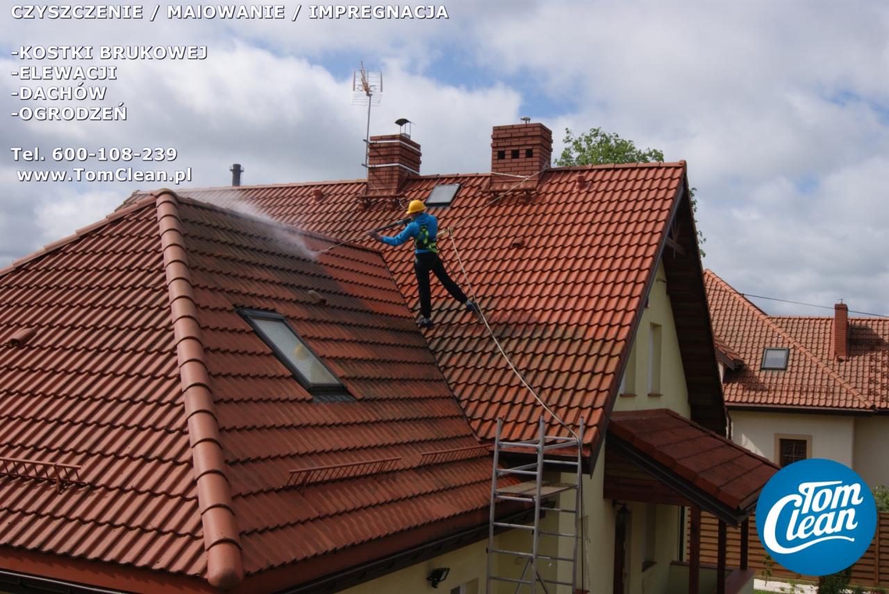 Pracownik w kasku i uprzęży, stojący na stromym dachu z czerwonej dachówki, czyści go myjką ciśnieniową, widoczny fragment rusztowania i logo firmy w rogu.