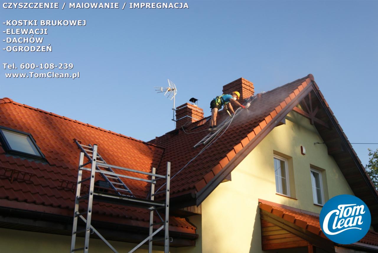 Pracownik w uprzęży i masce czyszczący dach domu z czerwonej dachówki za pomocą myjki ciśnieniowej, widoczna drabina i logo firmy Tom Clean.