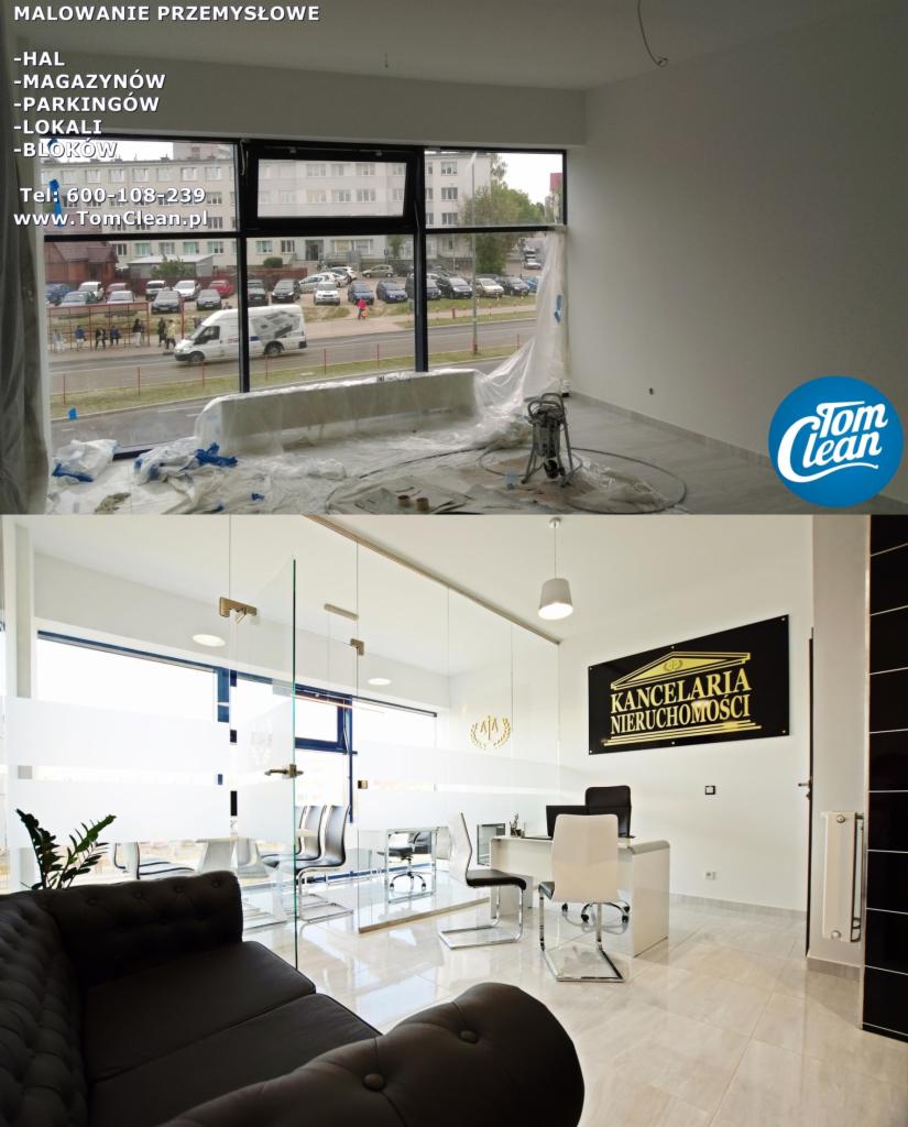 Dwuetapowe zdjęcie: górna część przedstawia przygotowane do malowania wnętrze biurowe z folią ochronną i sprzętem, widok na ulicę z parkującymi samochodami; dolna część pokazuje wykończone...