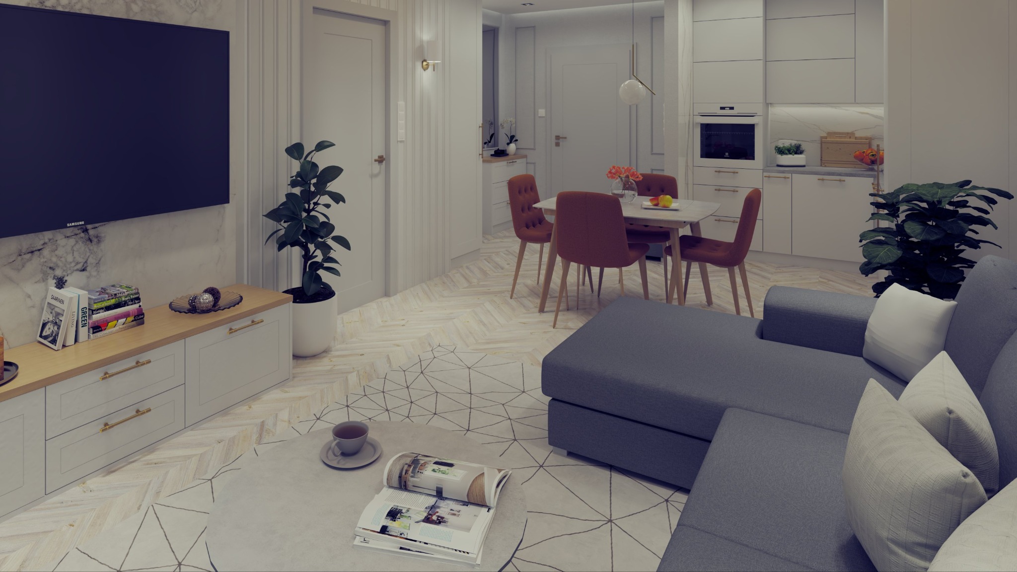 Jasne wnętrze: salon z sofą, telewizorem, stołem jadalnym i kuchnią w tle. Parkiet w jodełkę, marmurowe akcenty, rośliny doniczkowe. Nowoczesny design.