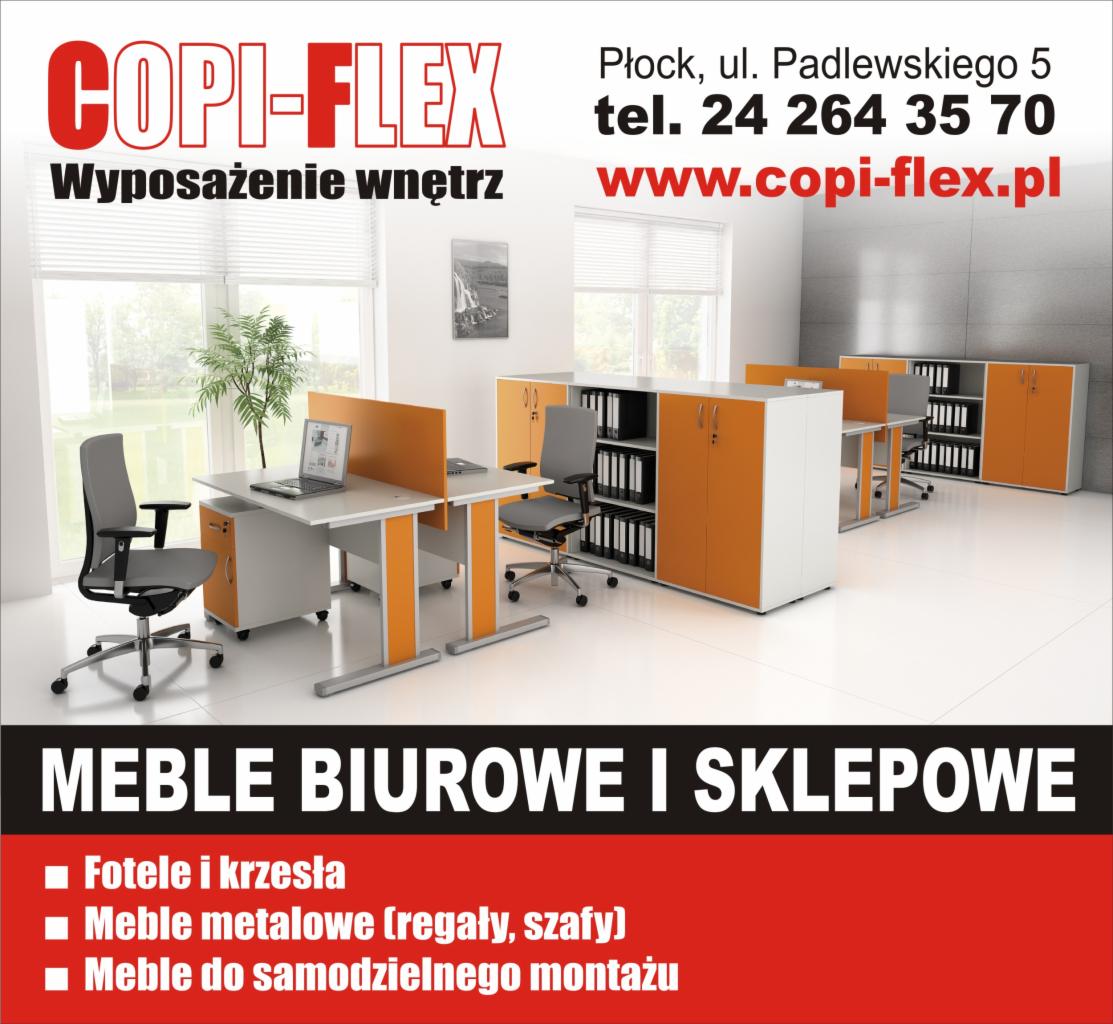 Nowoczesne meble biurowe Copi-Flex: biurka z pomarańczowymi akcentami, szare krzesła, białe szafy z pomarańczowymi drzwiami. Aranżacja wnętrza biura.